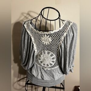 Women’s Size Small
Crochet Back Grey Women's Blouse - Brand Joppa